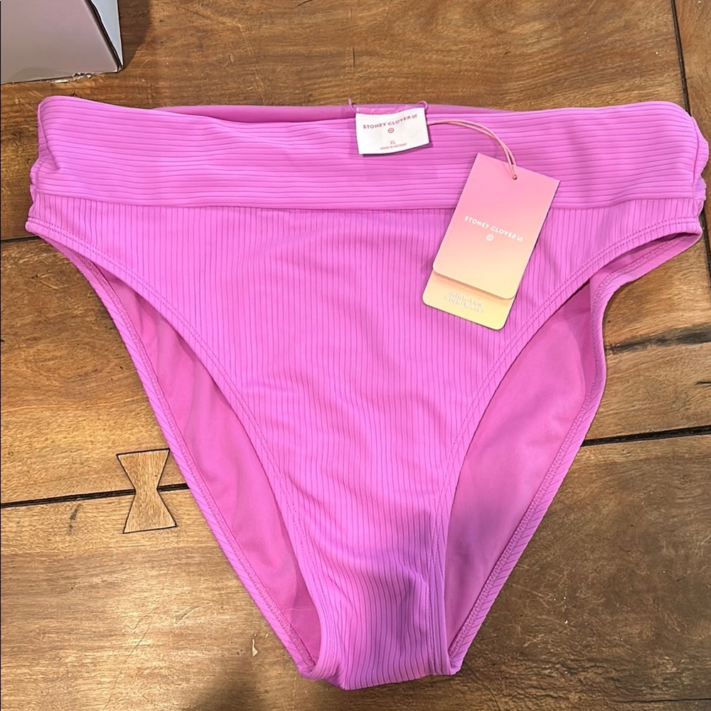 Stoney Clover Lane Ribbed High-Waist Bikini Bottom in Pink